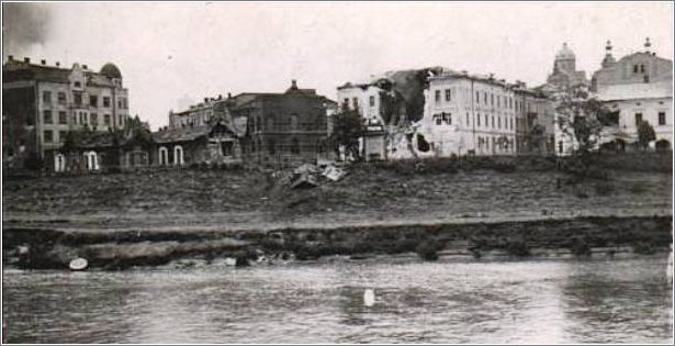 View of war damaged Przemysl from the San river